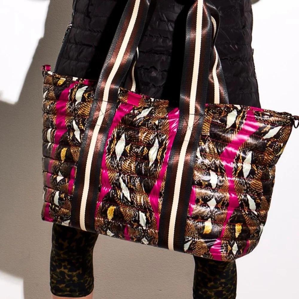 Think Royln Quilted Puffer Tote Bag Pink Black Brown Snake Print New (No Tags) - Picture 1 of 9